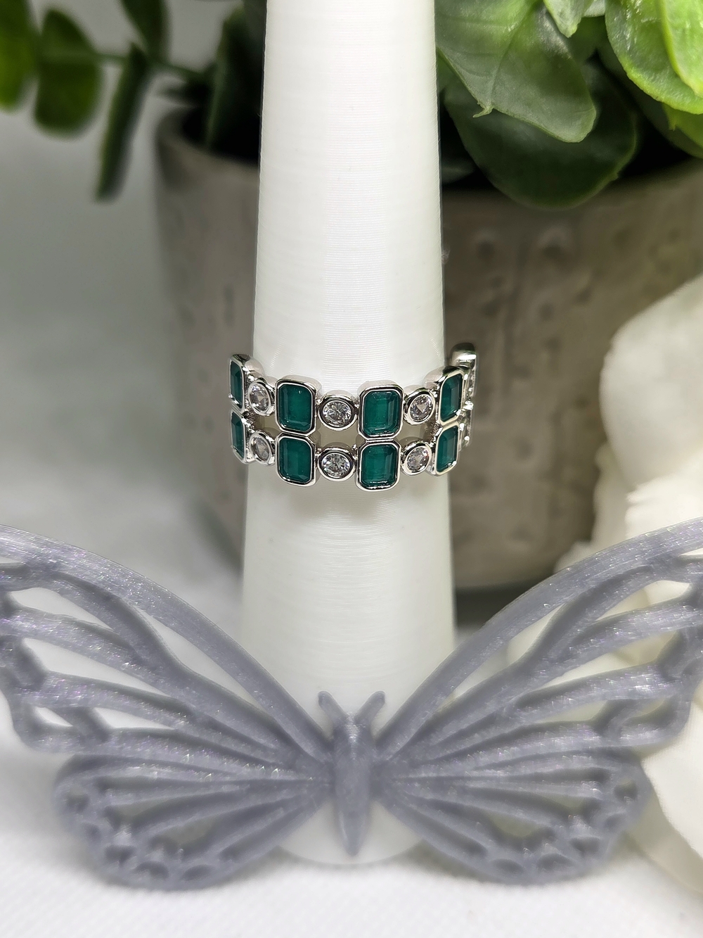 BP Elegant Green Crystal Double-Row Ring On Rhodium Plating